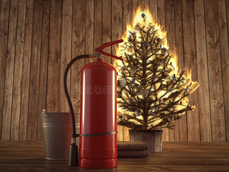 brennender-weihnachtsbaum-mit-löscher-und-eimer-dazu-wiedergabe-d-79476785